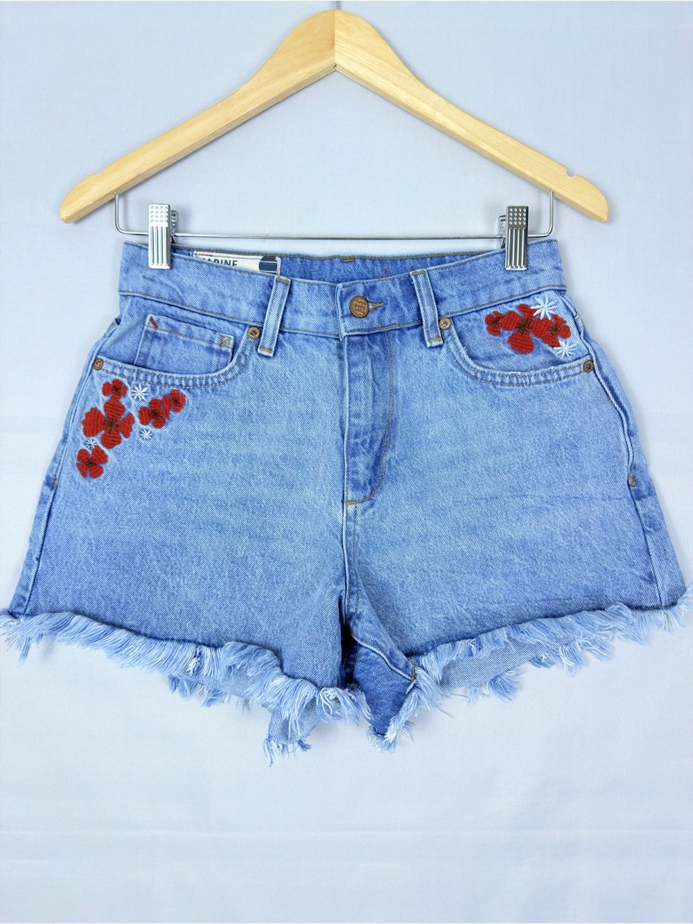 Marine Layer Light Blue Denim Jean Shorts with Red Floral Embroidery